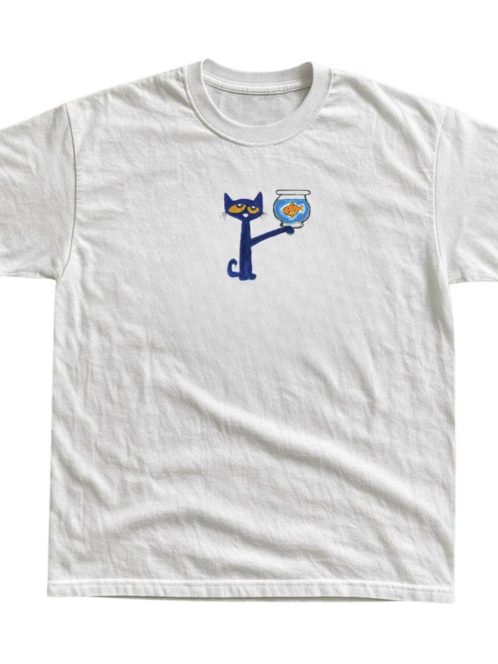 Gildan White Tee with Blue Cat & Orange Fish Graphic